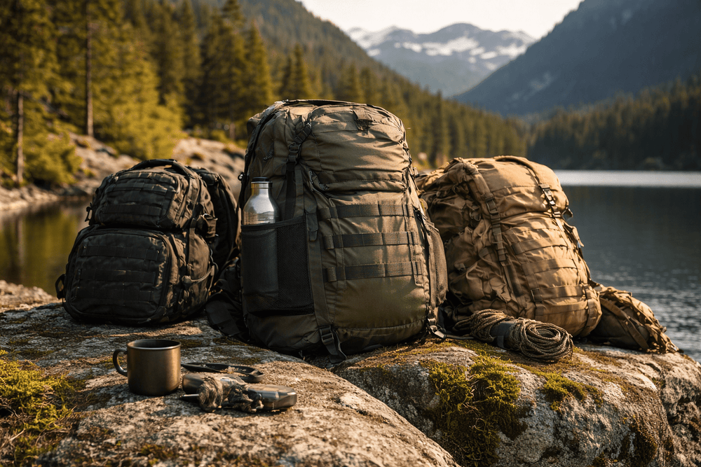 Nylon outdoor backpacks by an alpine lake, showcasing durability and performance of nylon fabric for outdoor gear