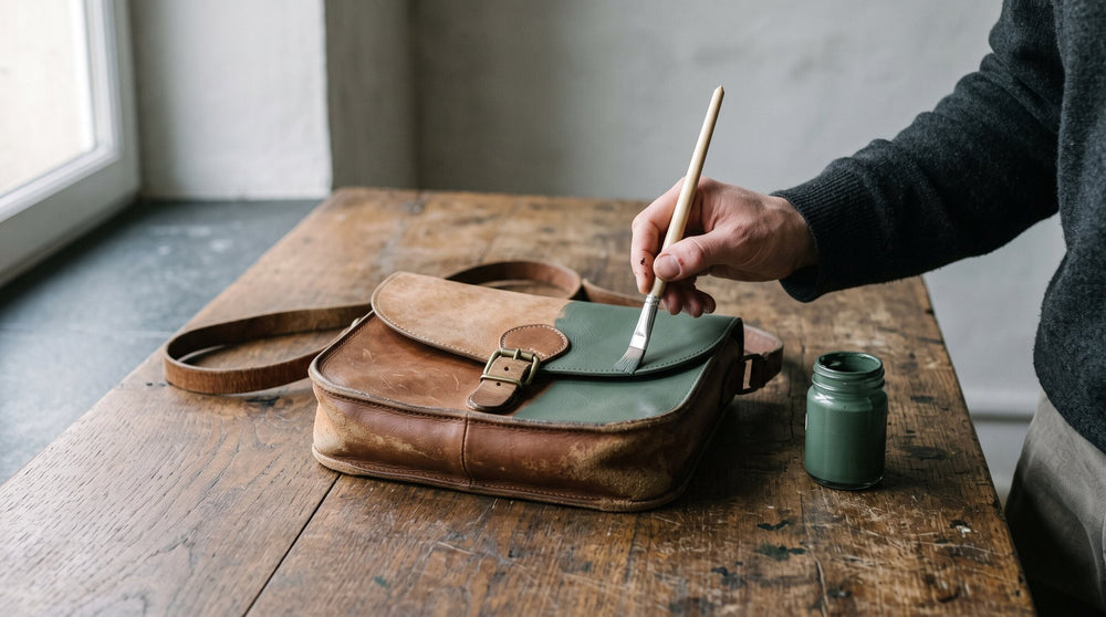 Flat brush laying a first matte bottle green coat over half the flap of a worn brown leather shoulder bag, paint jar beside it