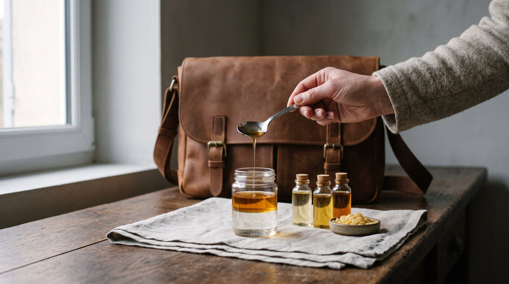 Hand spooning amber linseed oil into a jar of clear vinegar beside small oil bottles and beeswax pellets, a tan leather bag behind