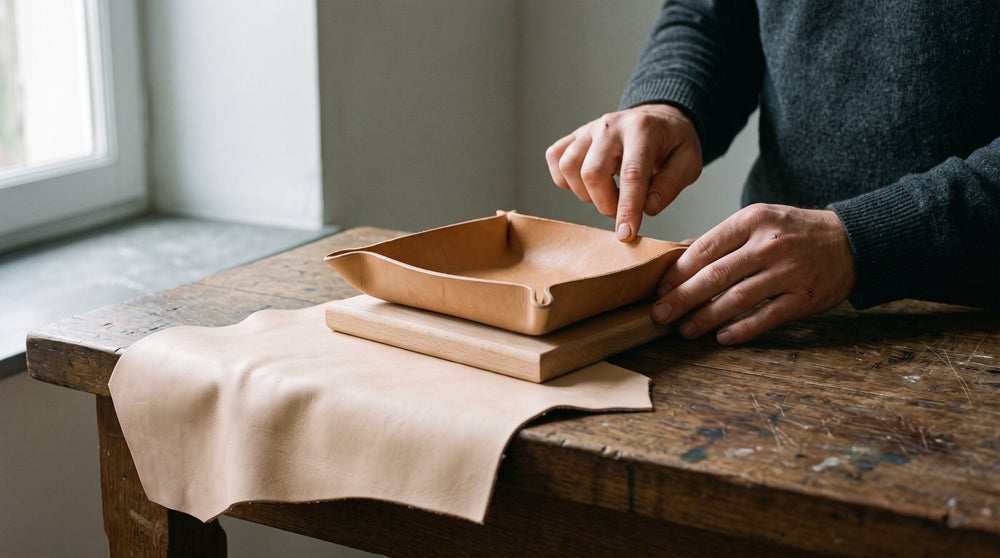 Index finger tapping a stiff molded leather tray on a beech form, a supple offcut draped over the workbench edge