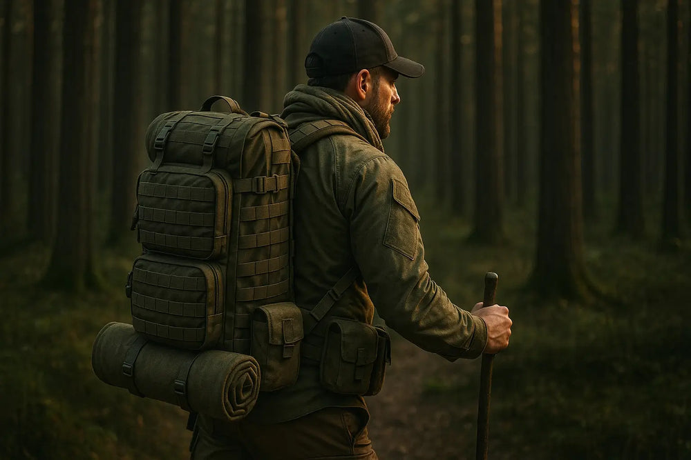 Man wearing a tactical backpack walking through a forest at sunset, carrying hiking and bushcraft gear, with a rugged and adventurous atmosphere