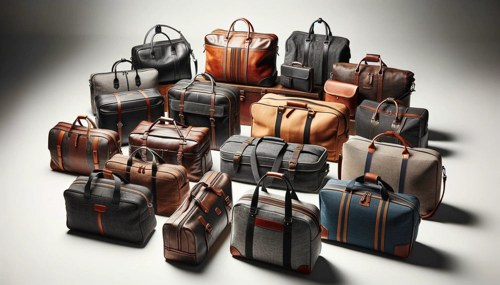 variety of holdall bags neatly arranged in a horizontal layout showcasing different materials and styles suitable for various occasions