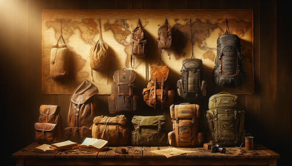 wall displaying different backpack types and evolution throughout time