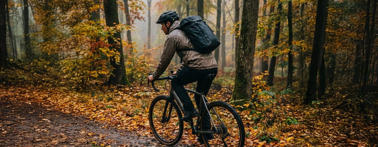 man cycling with a waterproof commuter backpack on his back
