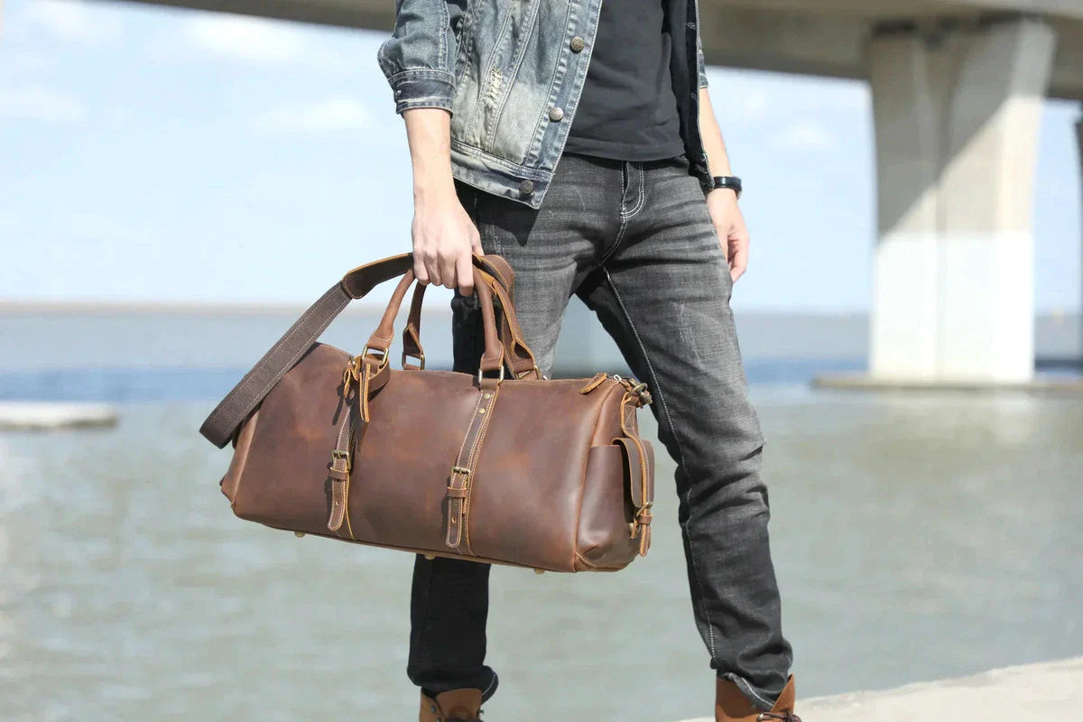 leather men's travel bag Genuine Unisex More than a backpack With a sleek Personalized Tan Buffalo Leather Duffle