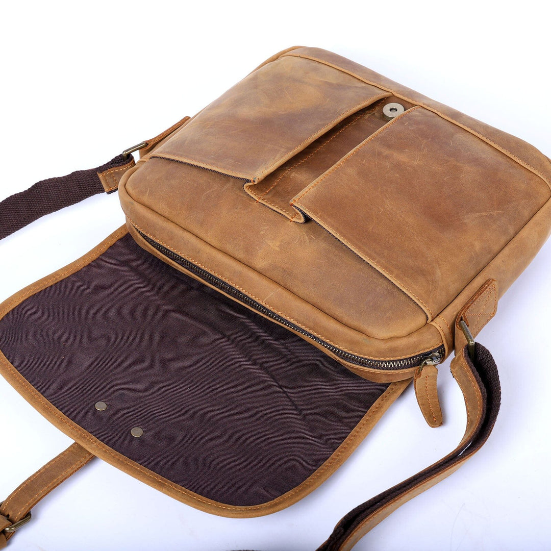 Chocolate brown offers leather messenger bag. Unisex genuine leather shoulder bag with regulated strap length