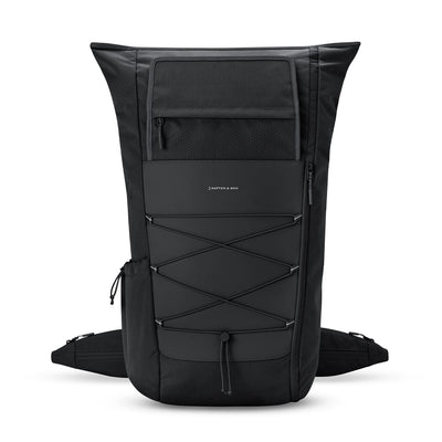 Kapten & Son, Banff backpack, all black, roll top unfolded