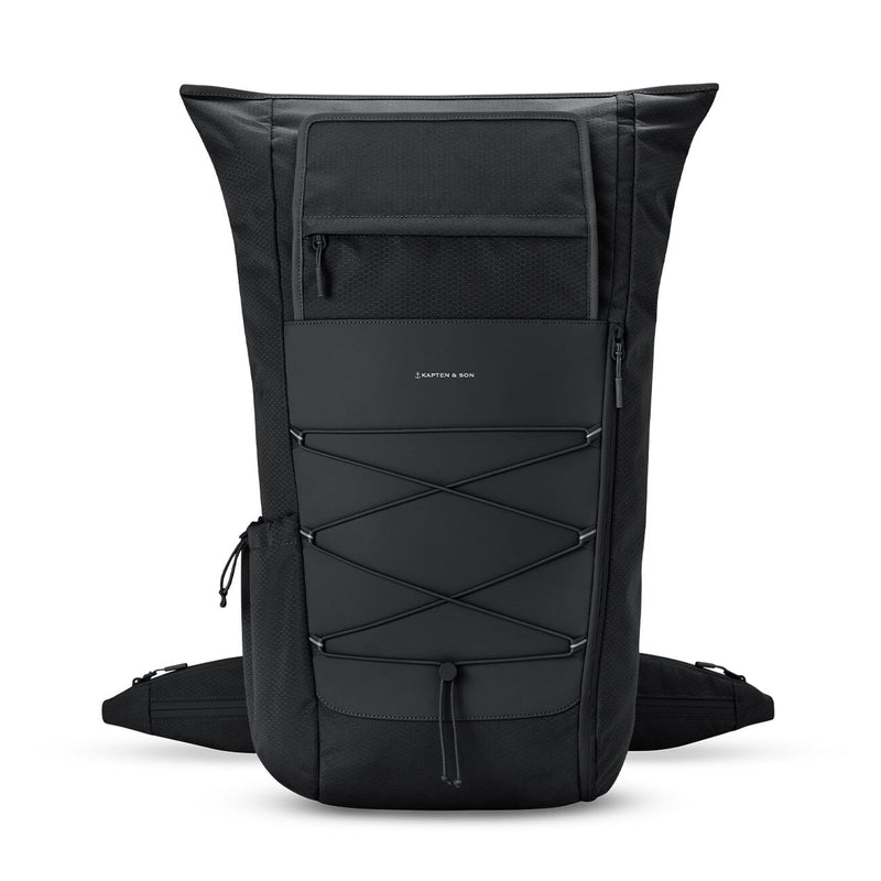 Kapten & Son, Banff backpack, all black, roll top unfolded