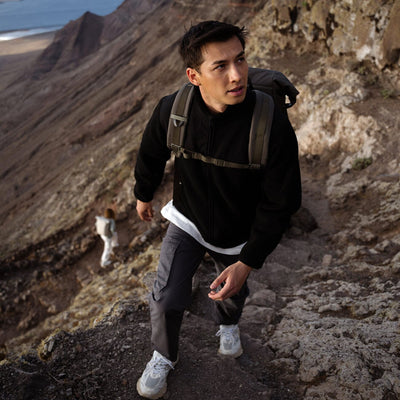 Kapten and son, Banff, lifestyle campaign, man wearing a banff forest green backpack, front view