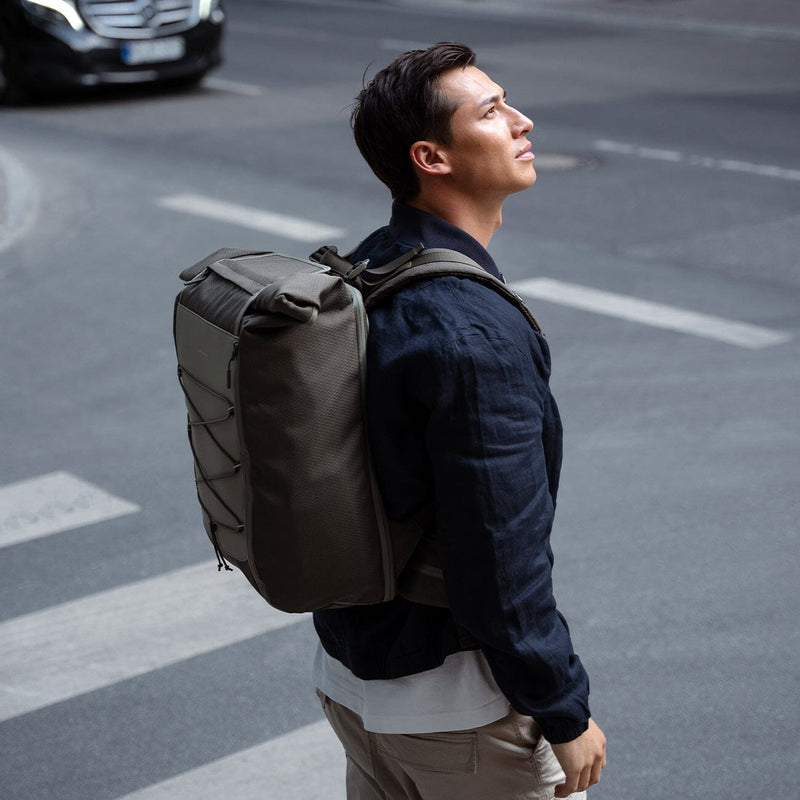 Kapten and son, Banff, lifestyle campaign, man wearing a banff forest green backpack