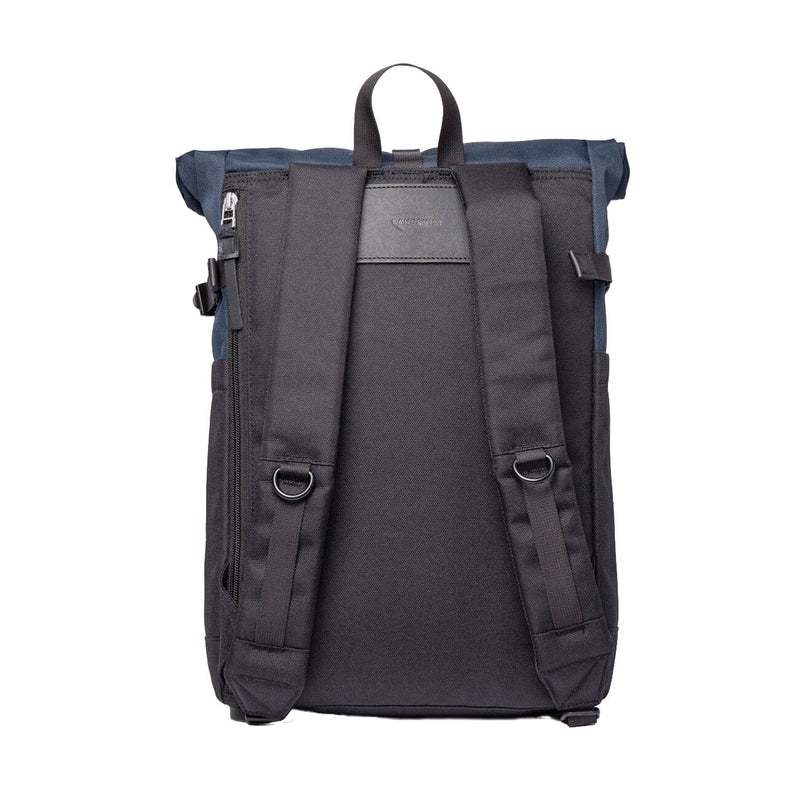 Sandqvist Ilon backpack in black and navy blue, back view
