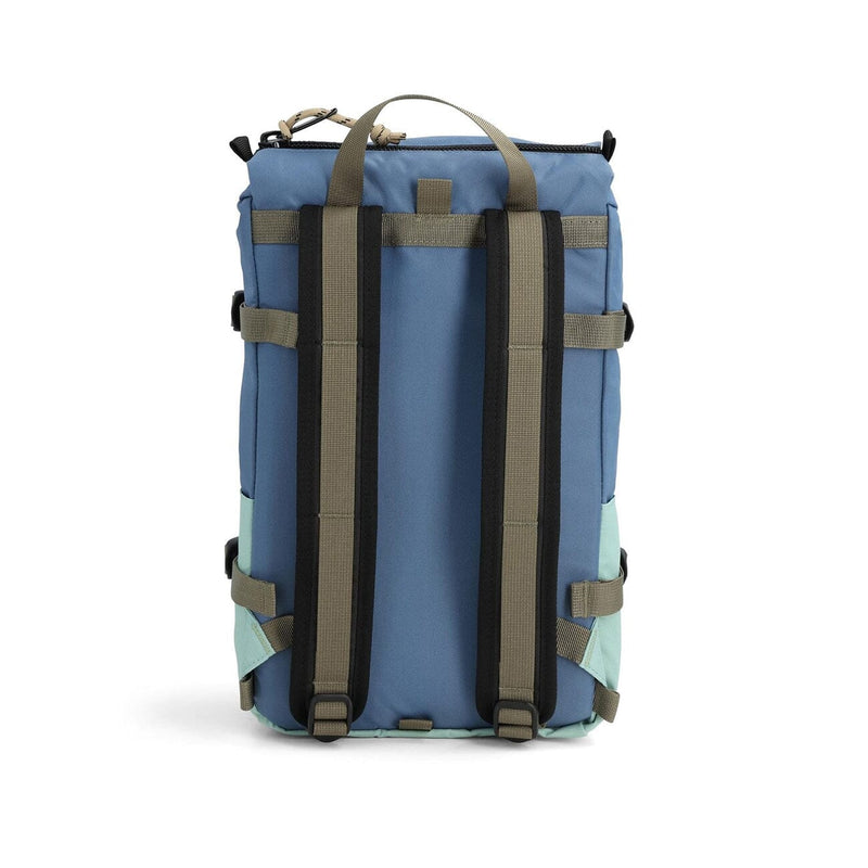 Topo designs rover pack mini, stone blue and ash green, back view