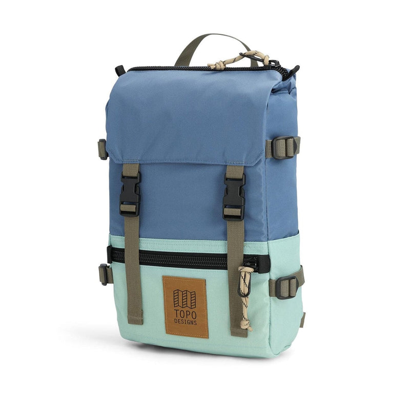 Topo designs rover pack mini, stone blue and ash green, side view