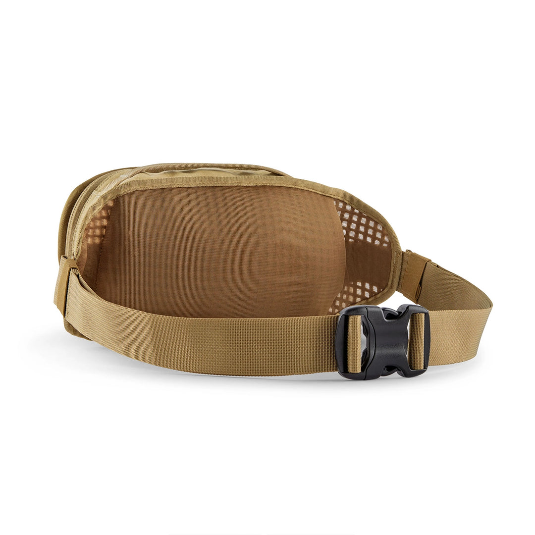 Patagonia Fieldsmith Hip Pack 5L Classic Tan — back view with mesh panel and waist belt