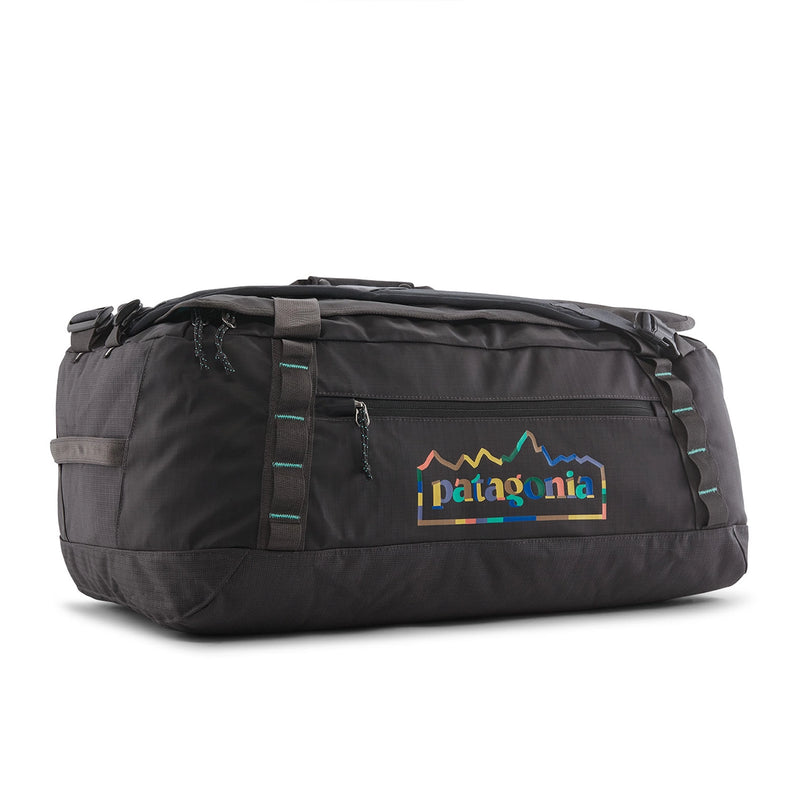 Durable Patagonia duffel bag resting on side, weather-resistant and compact for travel