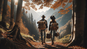 adventurers wearing vintage canvas backpacks hiking mountain trails autumn