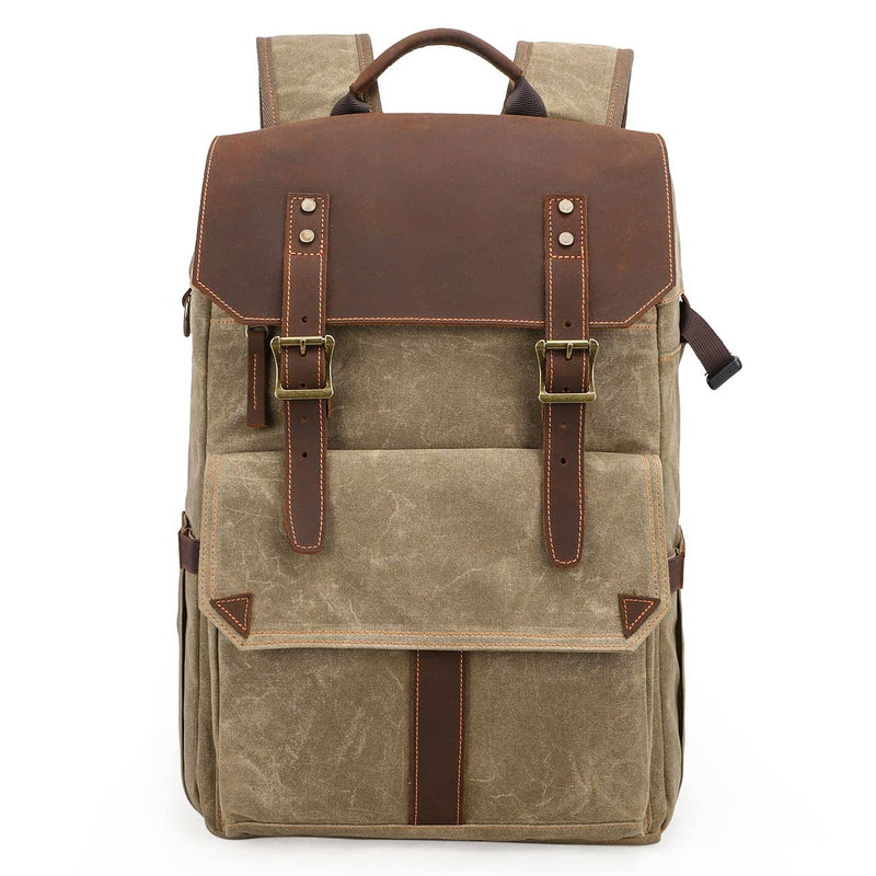 Camera backpack, khaki, waxed canvas with leather accents