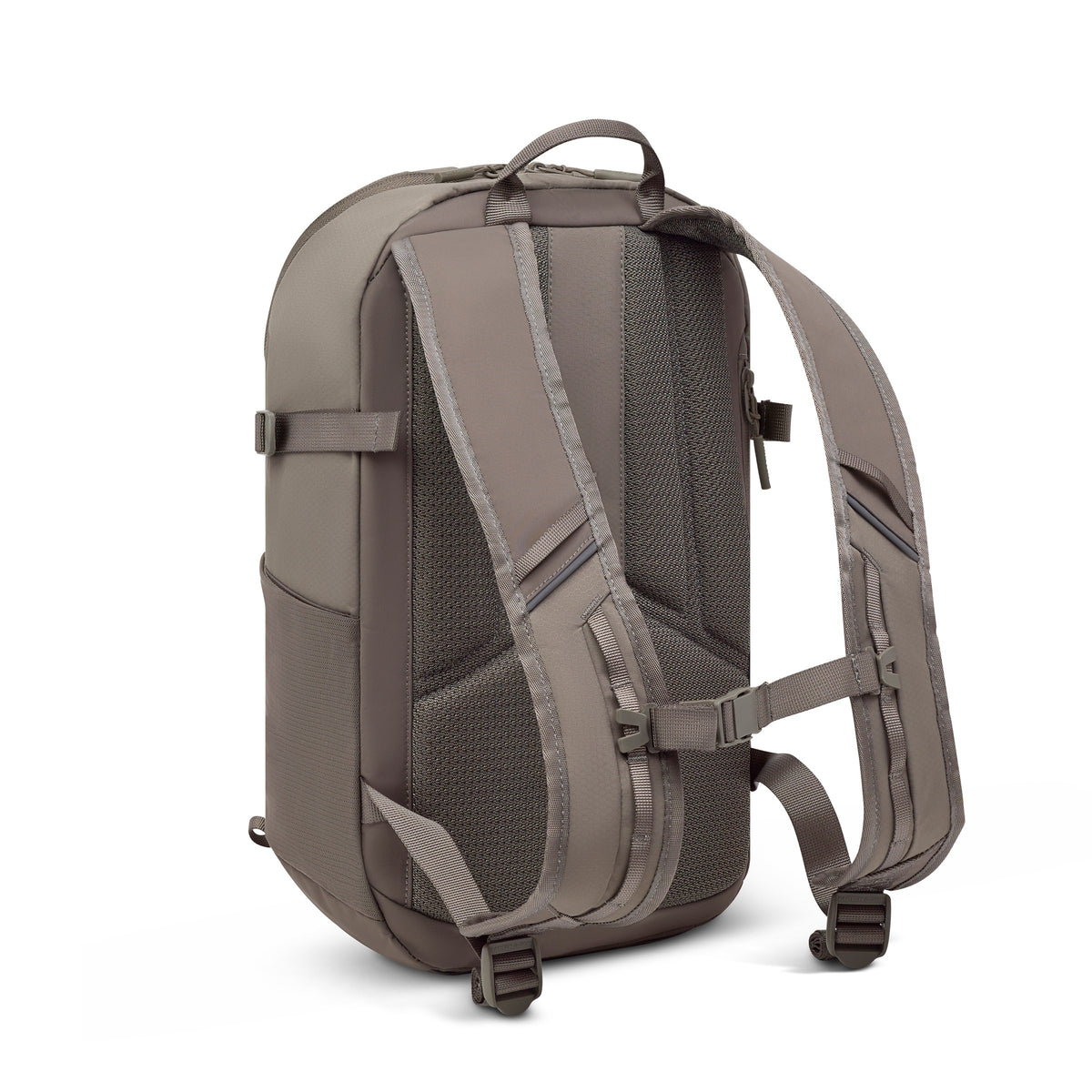 Taupe pack seen from behind: padded breathable back, mesh shoulder straps and chest strap