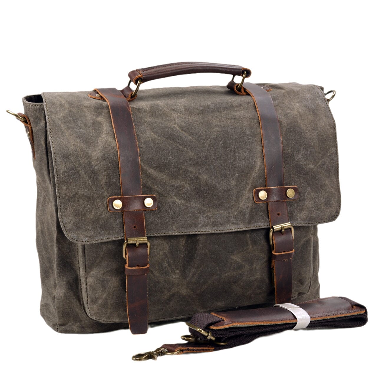 army green canvas and leather messenger bag side