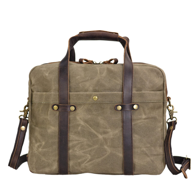 army green waxed canvas briefcase back