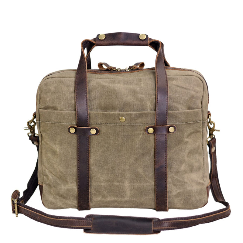 army green waxed canvas briefcase front