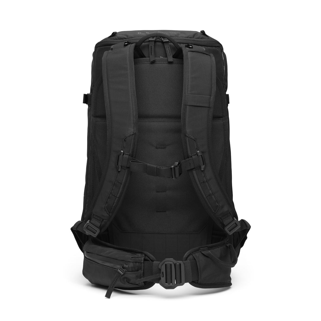 Backcountry Backpack 25L in Black, back view of the padded back panel, shoulder straps and sternum strap