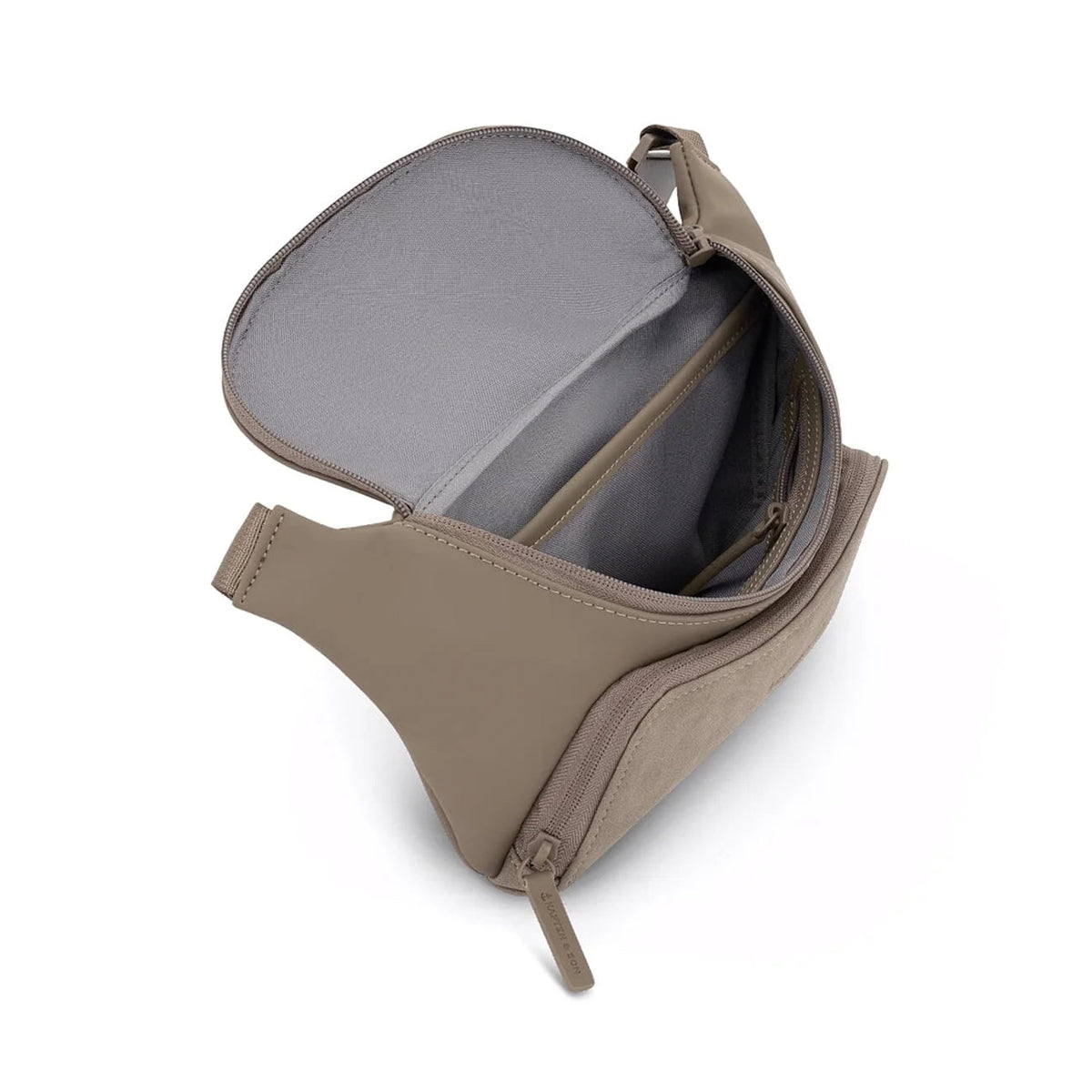 Grey-lined interior with inside zip pocket on the walnut Bali