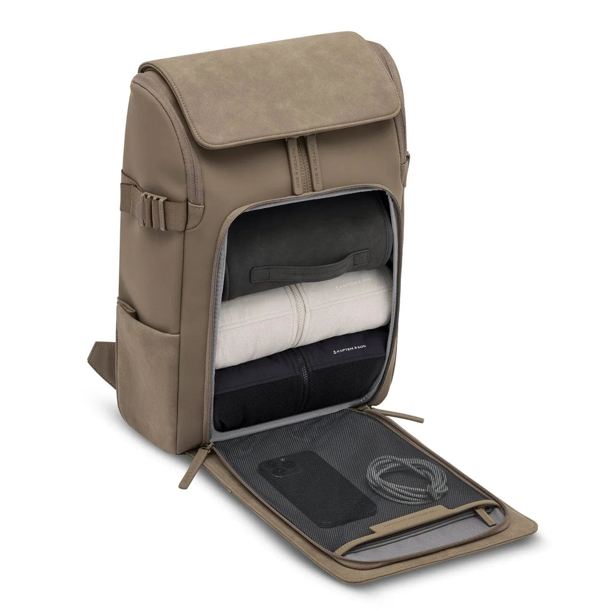 Clothes, phone and charger neatly stored in the walnut Bali Medium main compartment