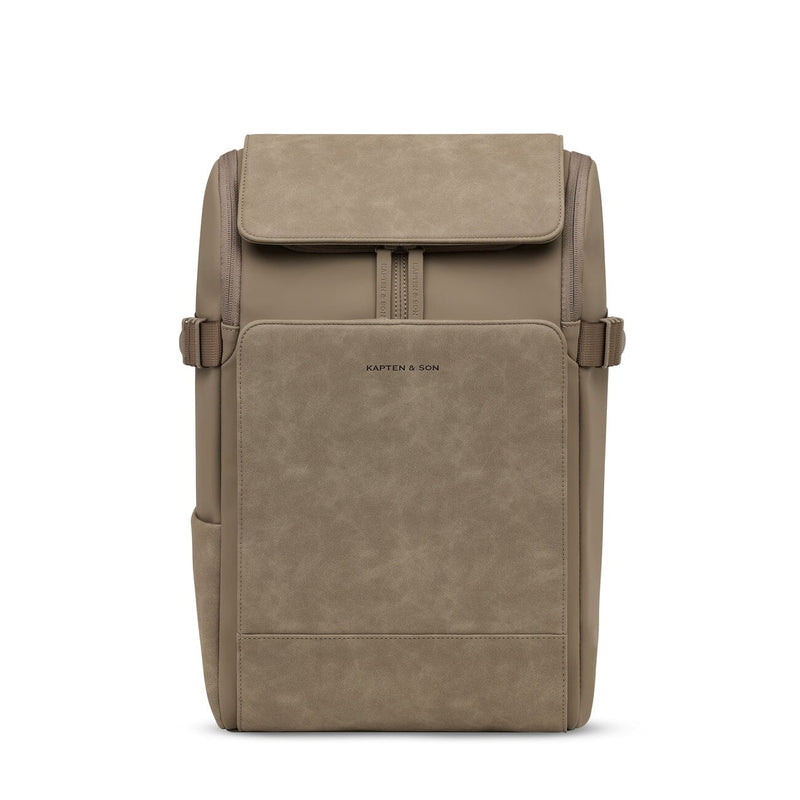 Front view of the Bali Medium Walnut backpack, featuring minimalist lines and a sleek matte finish for everyday style
