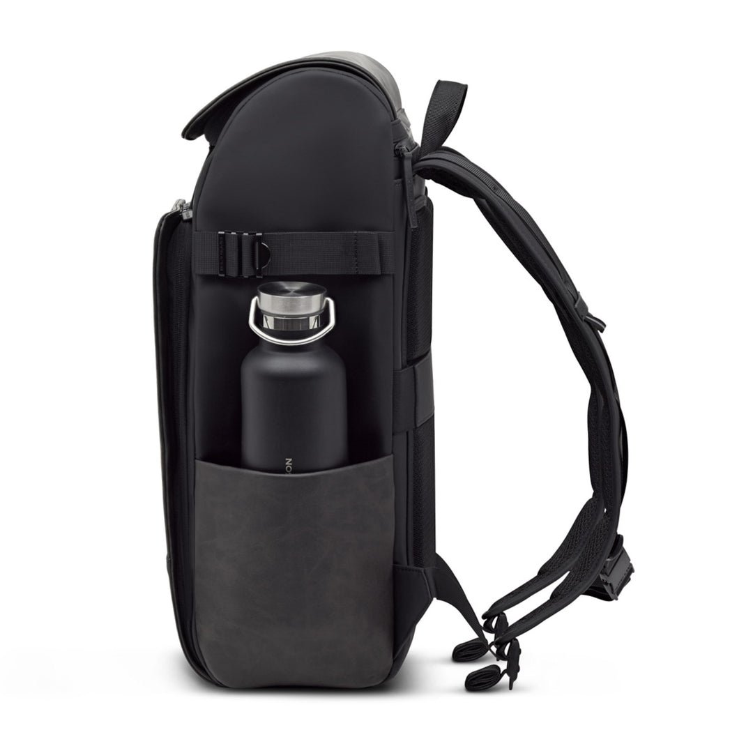 Bali Pro backpack side view with a water bottle in the stretch side pocket