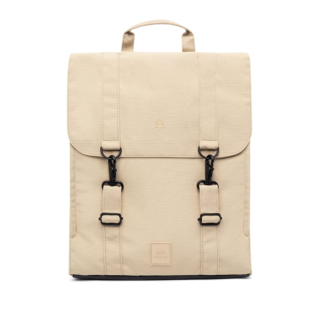 recycled laptop backpack, beige color, front view