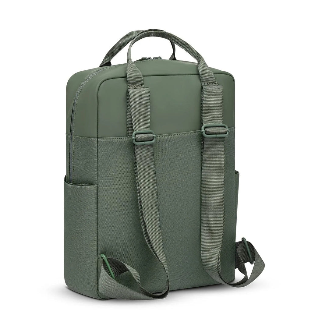 Adjustable straps with metal buckles on the dusty green version