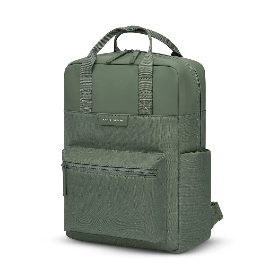 Three-quarter view of the dusty green Bergen with vegan leather panel