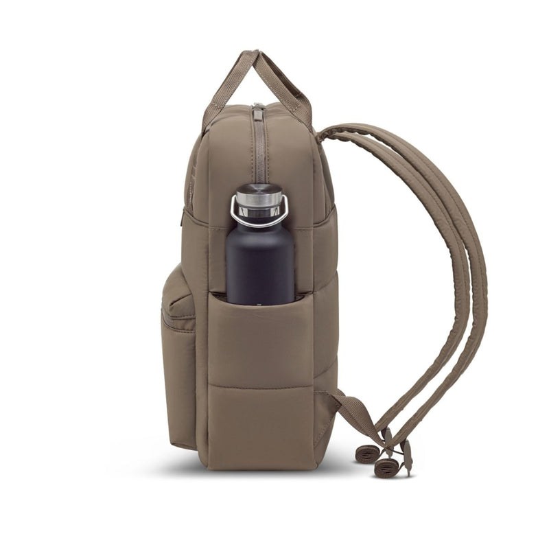 Bergen Cloud backpack in walnut, side view with a water bottle in the side pocket