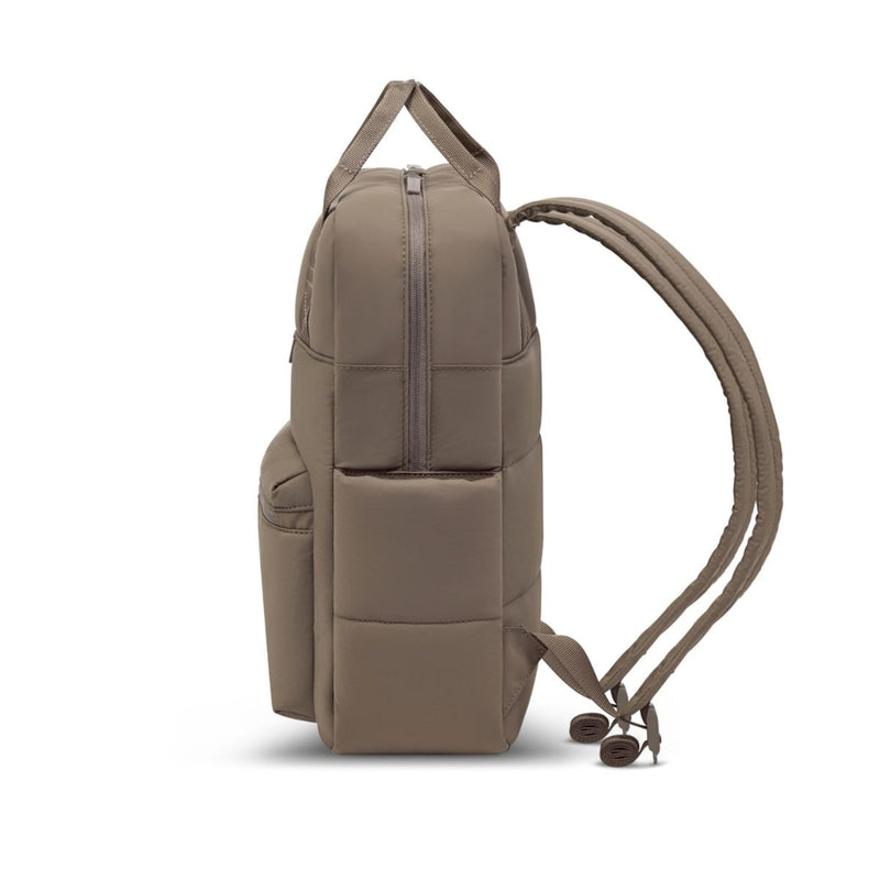 Bergen Cloud backpack in walnut, side profile showing the quilted puffy body