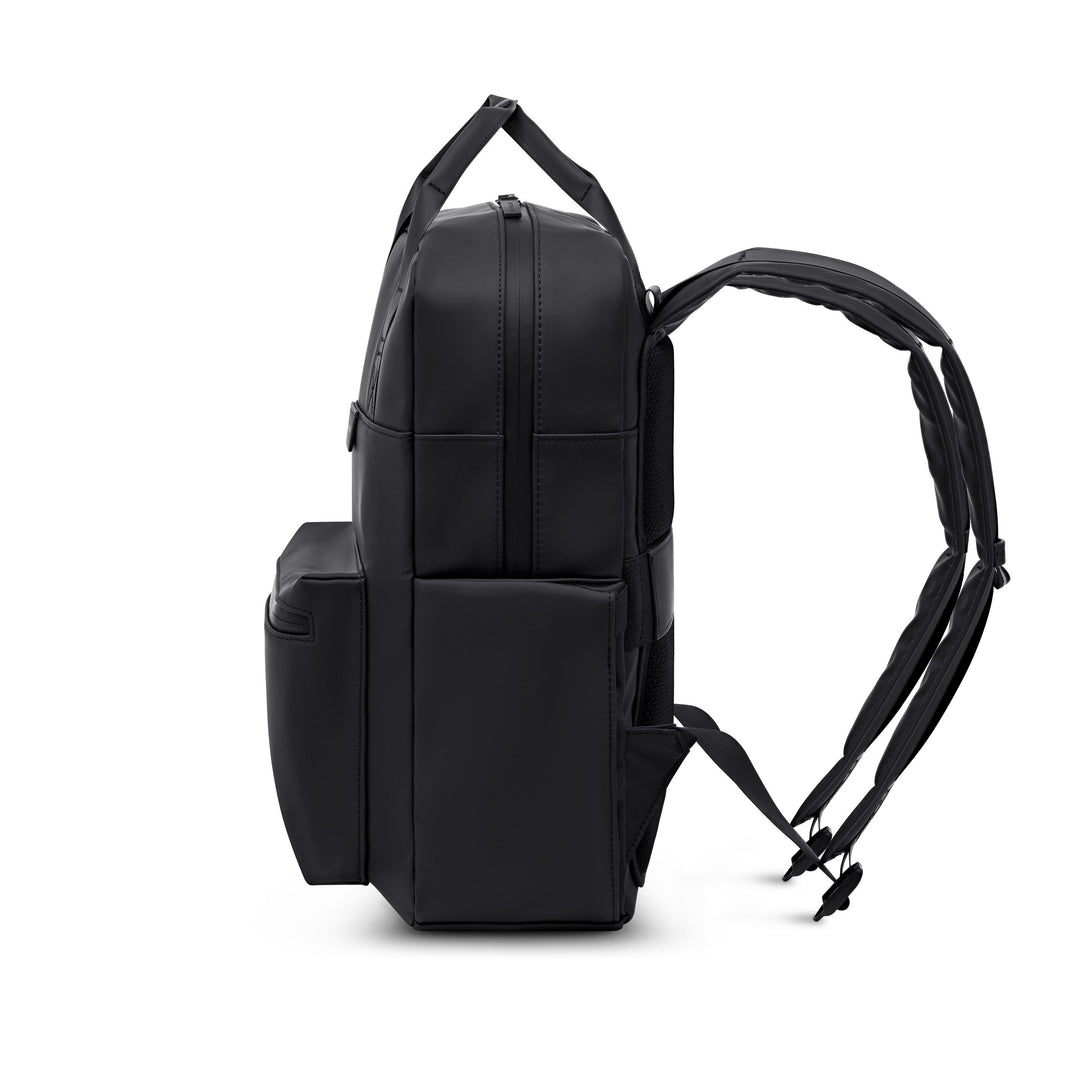 All black laptop backpack with padded shoulder straps, side profile showing the structured Sleek silhouette