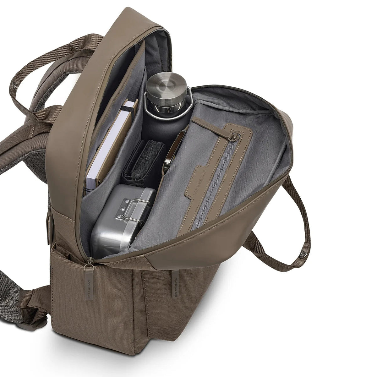 Walnut Bergen Pro packed with laptop, bottle and accessories