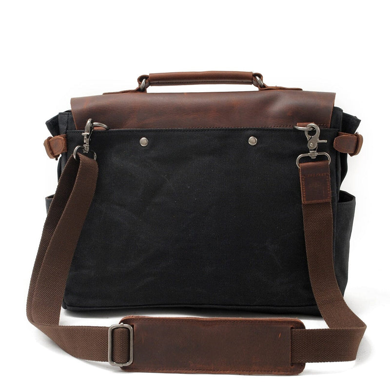 black canvas leather messenger bag