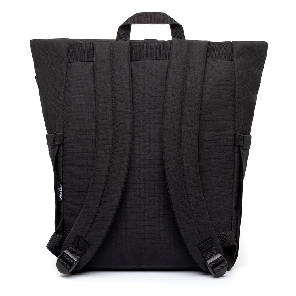 back view of the black environmentally friendly backpack from Lefrik brand