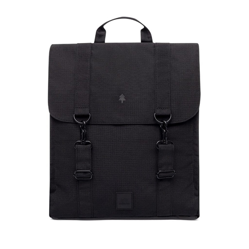 recycled laptop backpack, black color, front view