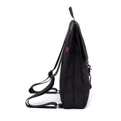 side view of the black sustainable backpack from Lefrik