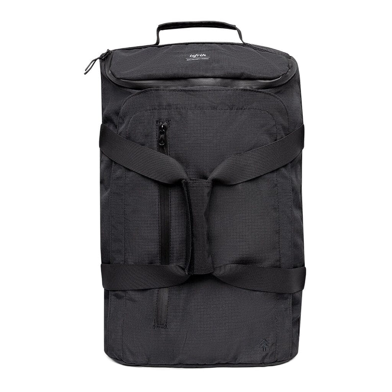 black sustainable travel convertible backpack front view