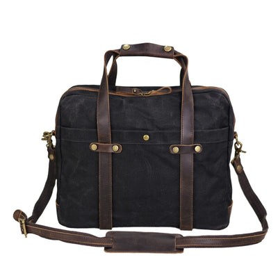 black waxed canvas briefcase front