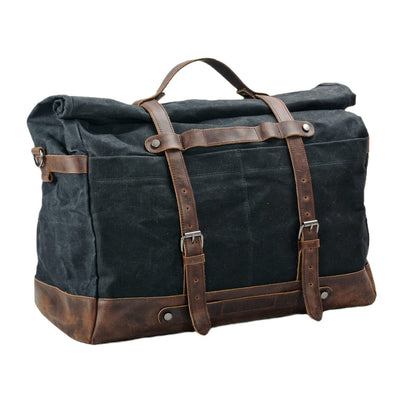 black waxed canvas duffle bag brown full grain leather accents