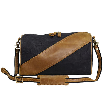 black waxed canvas leather sling bag front