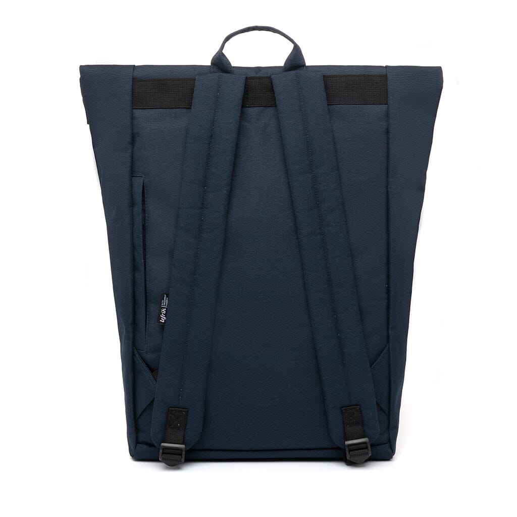 back view of the navy blue eco friendly laptop backpack from Lefrik brand