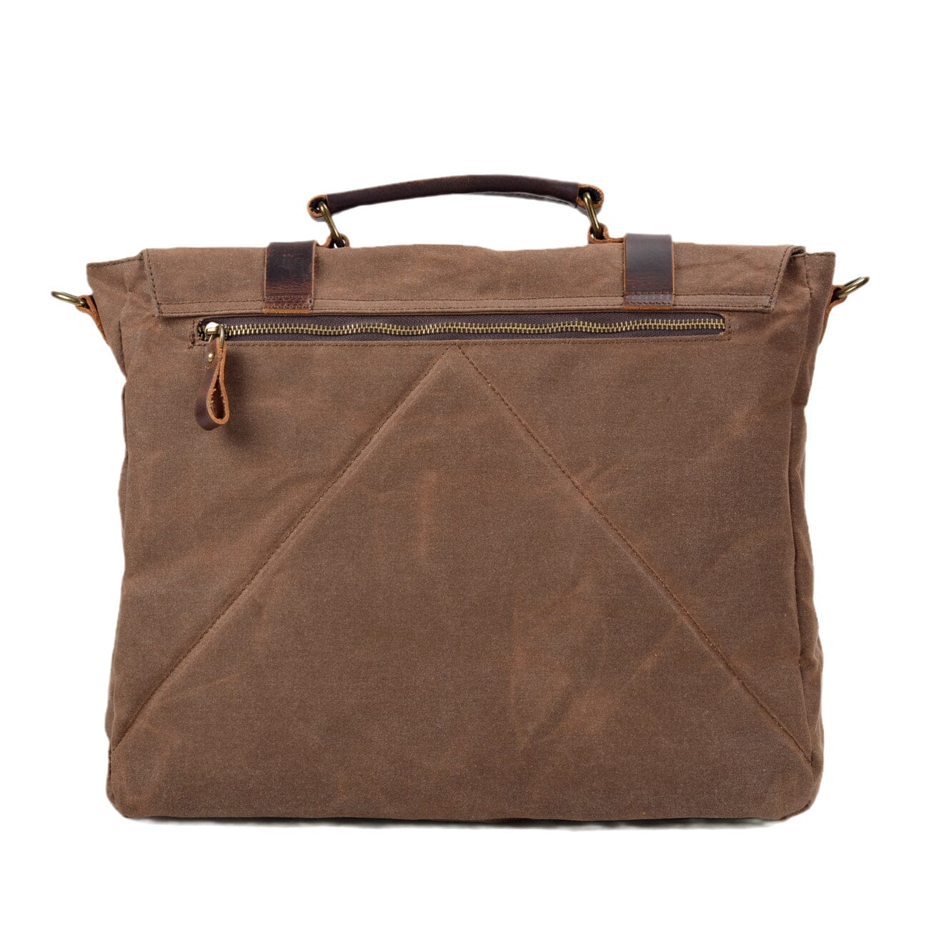 brown canvas and leather messenger bag back