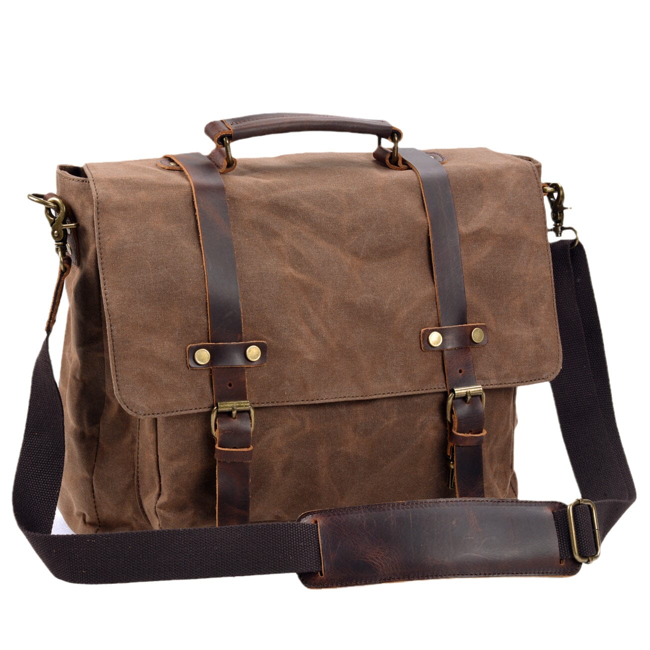brown canvas and leather messenger bag side