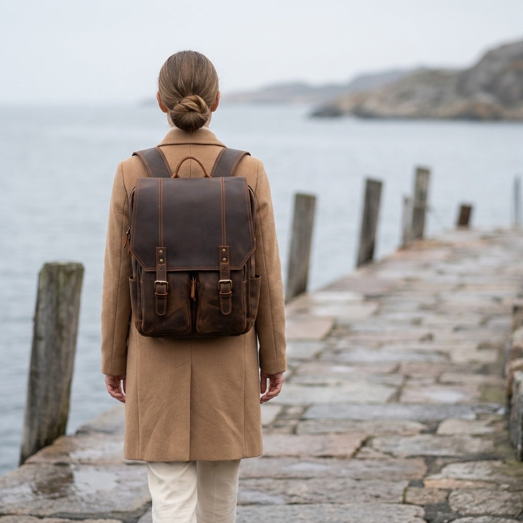 woman wearing the brown leather rucksack on both shoulders, seen from behind on a stone quay