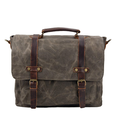 canvas and leather messenger bag, army green, waxed canvas and authentic leather